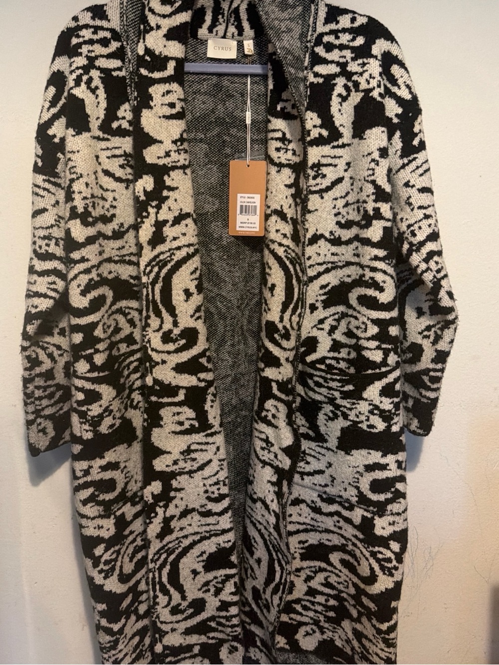 Cyrus Black & Cream Open-Front Patterned Cardigan